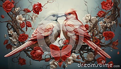 Greeting card with a couple of white birds, a heart and an arrow for Valentine's day Stock Photo