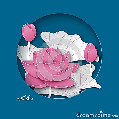 Greeting card with cut out round frame and floral background with pink lotus flowers decoration on the blue backdrop Vector Illustration