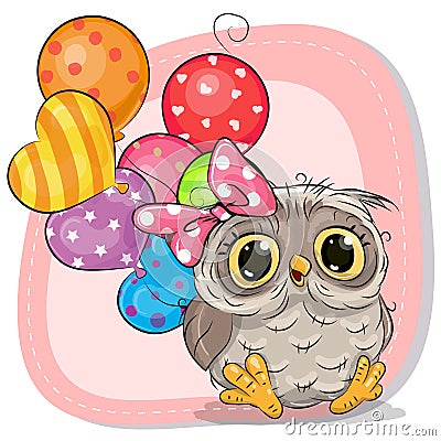 Cute Cartoon Owl girl with balloons Vector Illustration