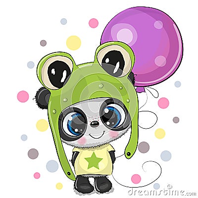 Cute Cartoon Panda in a frog hat with balloon Vector Illustration