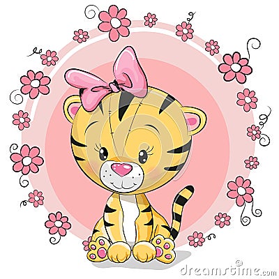 Greeting card cute cartoon tiger Vector Illustration