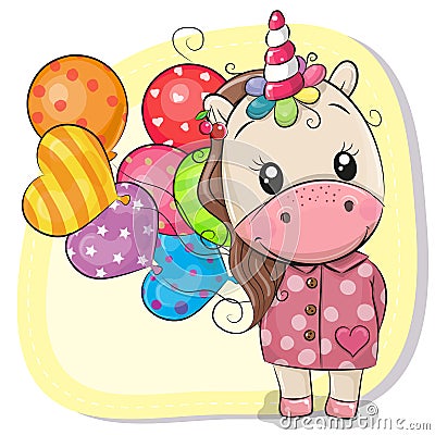 Cute Cartoon Unicorn with balloons Vector Illustration