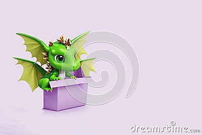 Greeting card with a cute dragon, the symbol of 2024 according to the Chinese horoscope on a lilac background. Stock Photo