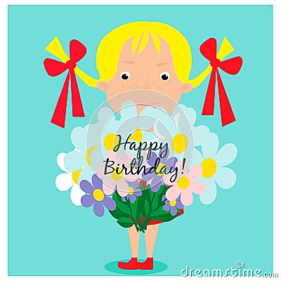 Greeting card with cute girl with bouquet Vector Illustration
