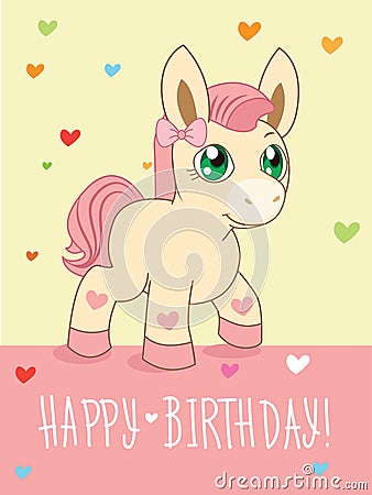 Greeting Card. Cute Girl. Cartoon Animals Vector. Lovely Horse Pony. Cartoon Animal Vector. Vector Illustration
