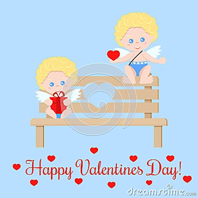 Greeting card with cute isolated romant pair of cupids with a heart and a gift Vector Illustration