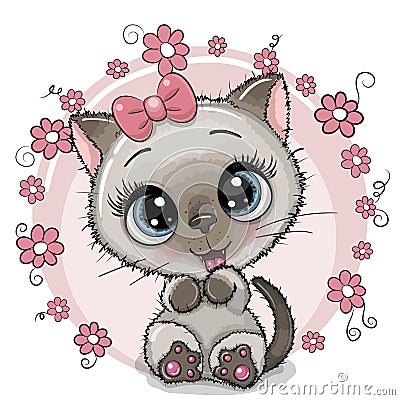 Greeting card Cute Kitten with flowers Vector Illustration