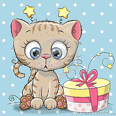 Greeting card cute Kitten with gift Vector Illustration