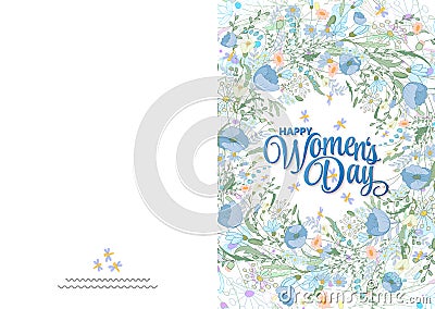 Greeting card with cute little flowers. 8 march - woman`s day. Ready to print card Vector Illustration