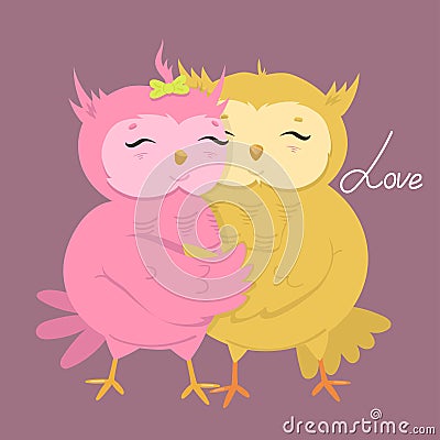 Greeting card with cute owls in love. Vector illustration Stock Photo