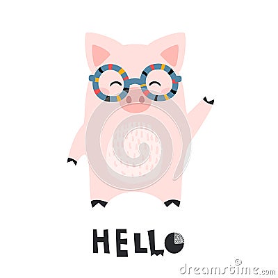 Greeting card with cute piglet. Vector Illustration