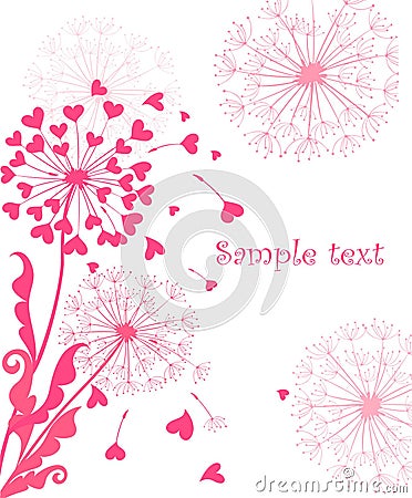 Greeting card with cute pink dandelions for wedding, Valentines day and birthday greeting Vector Illustration