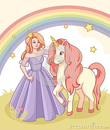 Greeting Card with Cute Princess and Unicorn. Vector Illustration