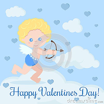 Greeting card with cute romantic cupid with bow and arrow with clouds and hearts Vector Illustration