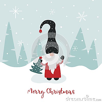 Greeting card with cute Scandinavian gnome, snowflakes and greeting text Merry Christmas. Vector Illustration