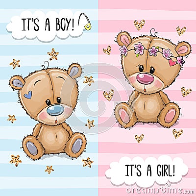 Greeting card with Cute Teddy Bears boy and girl Vector Illustration