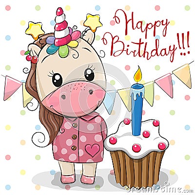 Greeting card Cute Unicorn with cake Vector Illustration