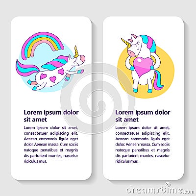 Greeting card with a cute unicorn with wings and a rainbow. A cute magical unicorn holds a big pink heart. Vector Illustration