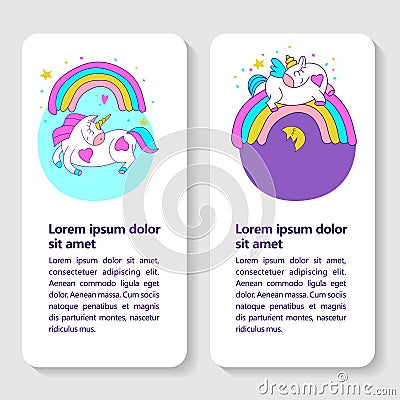 Greeting card with a cute unicorn with wings and a rainbow. Vector illustration. Vector Illustration