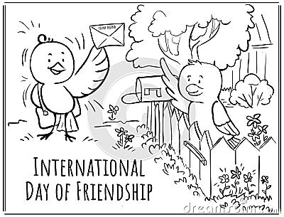 Greeting card Day of friendship Birds - postman brings Vector Illustration