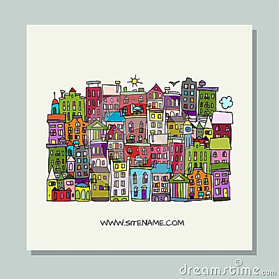 Greeting card design, european city street Vector Illustration