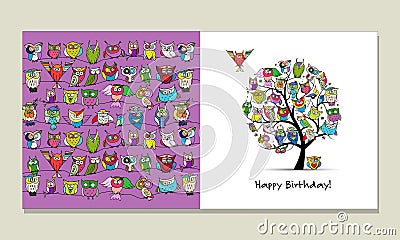 Greeting card design, funny owls tree Vector Illustration