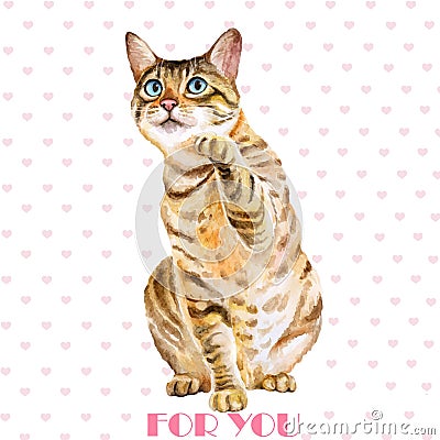Greeting card design. Watercolor portrait of bengal cute cat with dots, stripes on hearts background Stock Photo