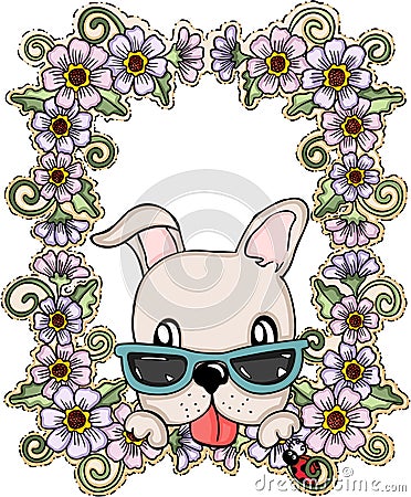 Greeting card dog with flowers Vector Illustration