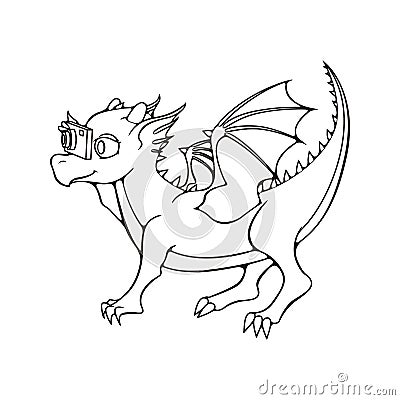 Greeting card with dragon child with photocamera. Vector Illustration