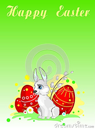 Greeting card with the Easter Bunny, eggs and willow Vector Illustration