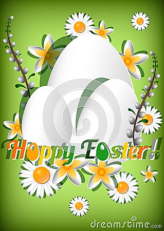 Greeting card for Easter with ornament from eggs and spring flowers on green background. Christ Is Risen Vector Illustration