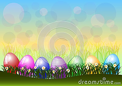 Greeting card for Easter with ornament from eggs and spring flowers on lawn. Christ Is Risen Vector Illustration