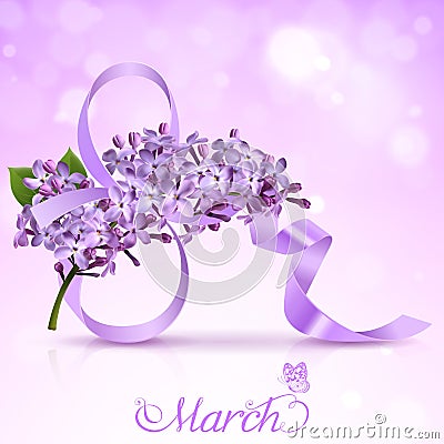 Greeting Card with the Eighth of March and Flowers of Lilac Vector Illustration