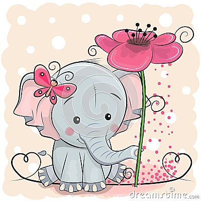Greeting card Elephant with flower Vector Illustration