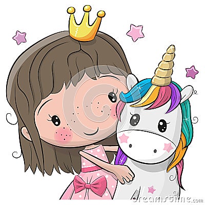 Greeting Card with fairy tale Princess and Unicorn Vector Illustration