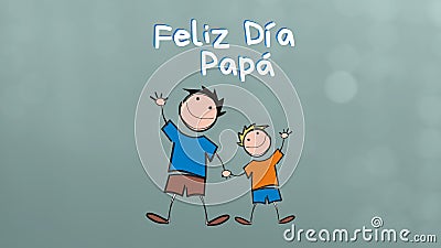 Greeting card for father`s day. Green background with a drawing of a father and a kid and the text written in spanish happy fathe Stock Photo