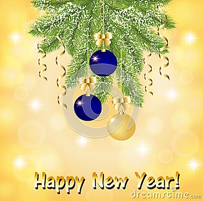 Greeting card with a fir branch with blue and gold Christmas balls Stock Photo