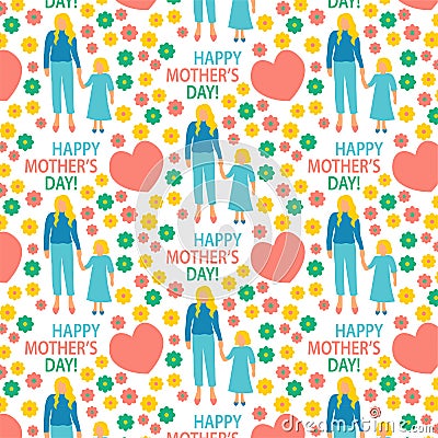 greeting card Flat style illustration Mother with Child Mother`s day poster Happy motherhood daughter seamless pattern print Cartoon Illustration