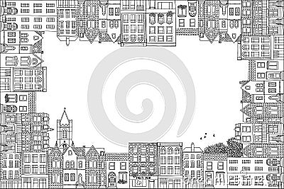 Greeting card frame with Victorian houses Vector Illustration