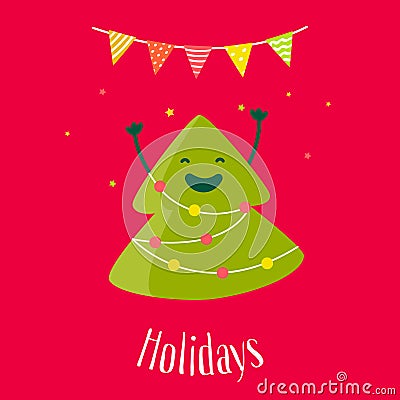 Greeting card with fun christmas tree and garland with with flags. Flat design. Vector Vector Illustration