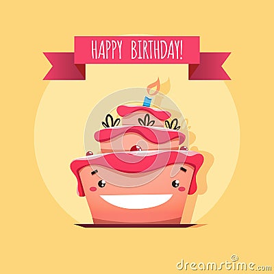 Greeting card with funny Birthday cake Vector Illustration