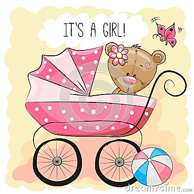 Greeting card it is a girl with baby carriage Vector Illustration