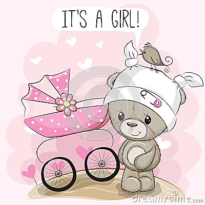 Greeting card it is a girl with baby carriage and teddy Vector Illustration