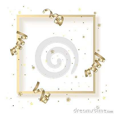 Greeting card with golden glitter and frame with serpentine, ribbon with golden dust confetti with place for text Vector Illustration