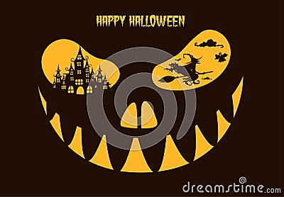 Greeting card Halloween night with Haunted House and witch in eyes pumpkins Vector Illustration