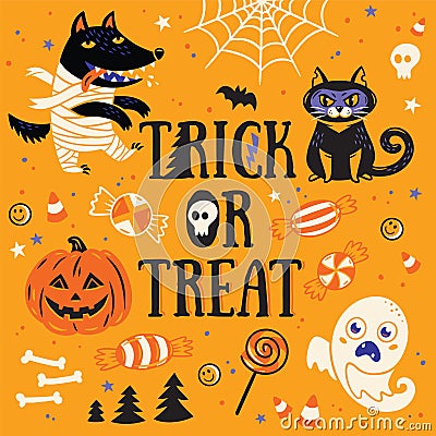 Greeting card for Halloween. Trick or treat. Vector illustration. Vector Illustration