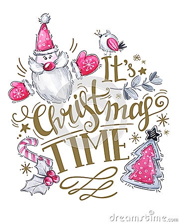Greeting card of hand-drawn lettering, watercolor Santa with tree and holidays decorations. Stock Photo