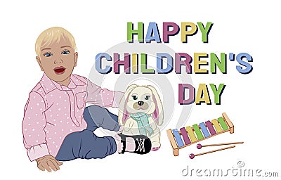 Greeting card Happy Children`s Day. a happy blond child in a pink shirt with white hearts plays with a plush rabbit and a xylophon Cartoon Illustration