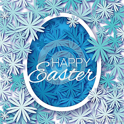 Greeting card with Happy Easter - with blue flower Easter Egg on white background. Vector Illustration