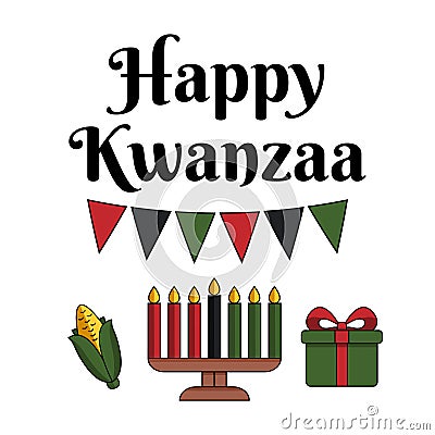 Greeting card Happy Kwanzaa in Modern flat style with Kinara candle holder, corn, gift box - traditional Kwanza symbols Vector Illustration